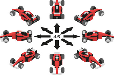 Rotation of racing car by 45 degrees. Red sport car with pilot in different angles in isometric view.