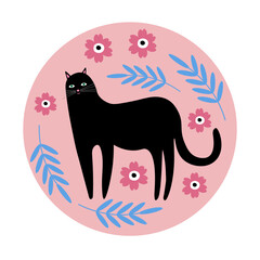 Black cat cartoon flat illustration of a cute animal. Design element. Funny kitten for print, sticker, card, poster, web.Hand drawn art illustration