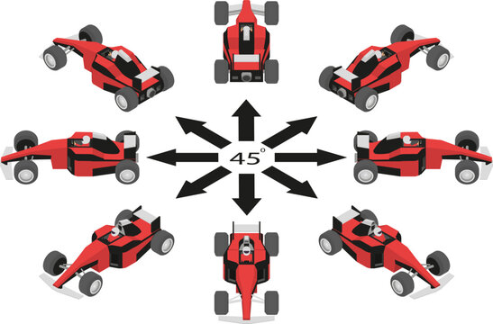 Rotation of racing car by 45 degrees. Red sport car with pilot in different angles in isometric view.