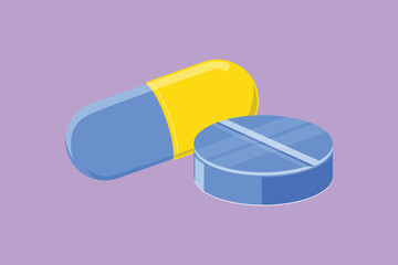 Character flat drawing set of pills and capsules isometric icon. painkillers, antibiotics, vitamins and aspirin. Medical pills medicine logo, label, sticker, symbol. Cartoon design vector illustration