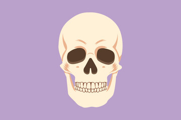 Graphic flat design drawing of head skull logo, icon, label, symbol. Anatomical skulls in front view projection. Anatomy face for medical education equipment element. Cartoon style vector illustration