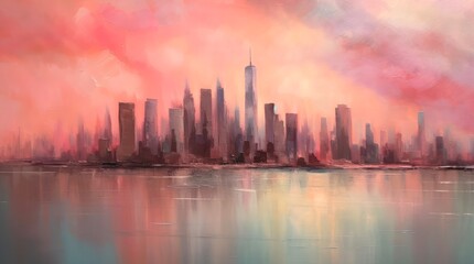 Watercolor panorama of city skyline at sunset. Generative AI.