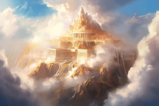 Illustration of Mount Olympus with grand temples and mythical creatures, modern aesthetic.