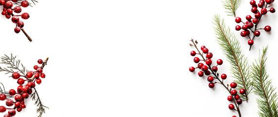 Creative Floral composition. Spruce branches red berries leaf flower on white background. Template for product presentation display. flat lay top view. copy text space. banner, wallpaper, advert