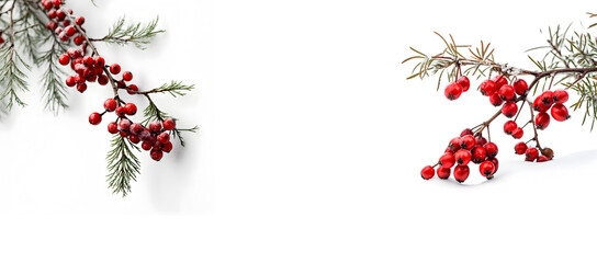 Creative Floral composition. Spruce branches red berries leaf flower on white background. Template for product presentation display. flat lay top view. copy text space. banner, wallpaper, advert