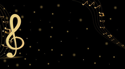 Musical background with clef and notes and 3D effects in gold tone on black background