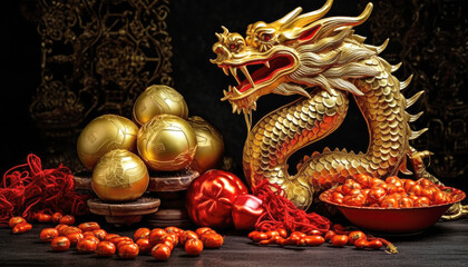 Chinese dragon with decorating spirit offerings props pay respect to god or make sacrifice to Chinese gods on red background. Chinese New Year 2024 and Zodiac art sculpture concept. Generative AI