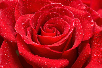 Red rose flower with droplets very close up. Macro photo of rose petals, red floral romantic background