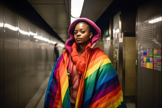 Young woman dressed in rainbow coat standing at the metro station, LGBTQ concept, Generative AI