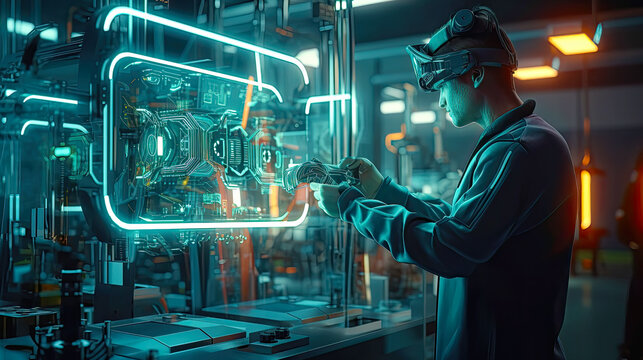 Professional technician working in a high tech industrial workplace. Postproducted generative AI illustration.