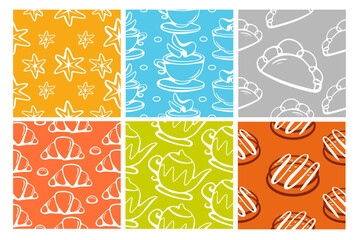 Line style vector patterns on the theme of tea and bakery.