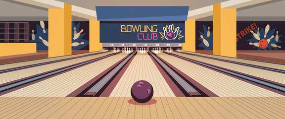 Cartoon bowling center interior. Wooden alleys with skittles, ball for group game competition, empty club, sports and leisure time entertainment, horizontal banner, tidy vector concept - obrazy, fototapety, plakaty