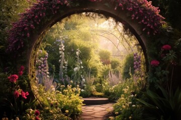 Naklejka premium A mystical portal surrounded by blooming flower arches leading to an enchanting secret garden. Generative AI