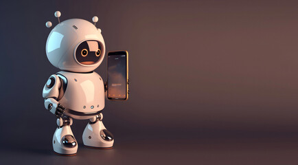 Robot holding smartphone. Concept of chatbot or ai assistant. AI generated
