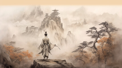 Ink landscape painting in Chinese style and watercolor landscape painting a man mountains and river