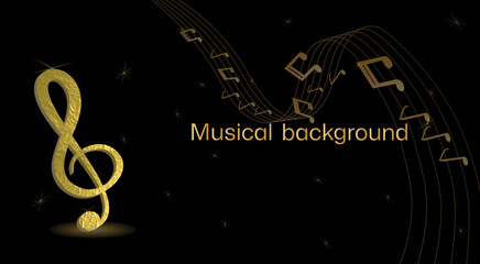 Musical background with clef and notes and 3D effects in gold tone on black background