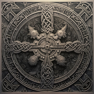 A metal engraving of a Celtic symbol
