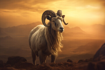 Naklejka premium Majestic shot of a goat against a golden sunset backdrop, dramatic light. Eid ul azha design created with generative ai