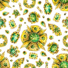 Seamless watercolor pattern with jewelry, gold, emeralds