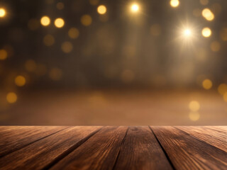Wooden brown table on blurred background with bokeh. AI generated
