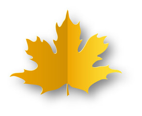 Paper autumn leaf. Yellow maple leaves, falling foliage, isolated on white background single element with shadows, colorful decor object for card and poster, canada symbol, vector icon