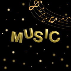 Musical background with clef and notes and 3D effects in gold tone on black background