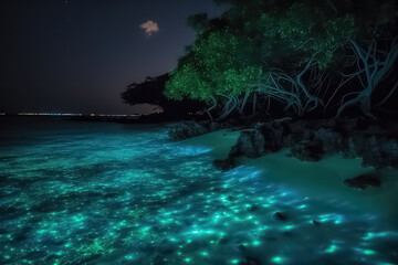 Fototapeta na wymiar Illumination of plankton at Maldives, bio luminescence, AI