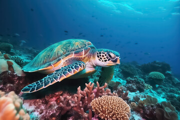 Fototapeta na wymiar Sea turtle swimming on Maldives. Turtle in the blue sea, looking directly into the camera. Details of head, mouth and eyes, AI