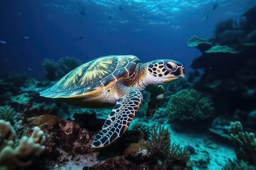 Fototapeta na wymiar Sea turtle swimming on Maldives. Turtle in the blue sea, looking directly into the camera. Details of head, mouth and eyes, AI