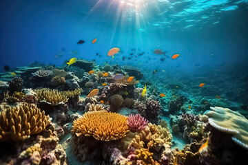 underwater coral reef landscape background in the deep blue Maldives ocean, AI