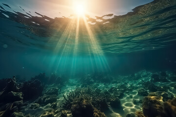 Fototapeta premium underwater scene coral reef, world ocean wildlife landscape Maldives, AI