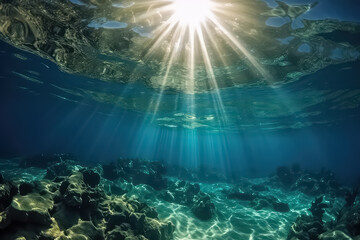 Fototapeta na wymiar underwater scene coral reef, world ocean wildlife landscape Maldives, AI
