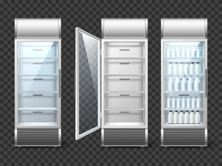 Realistic fridge with drinks. Supermarket equipment, empty and full store vertical refrigerator, bottles with blank objects, open and closed glass door, 3d isolated elements, utter vector set