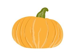 Icon yellow pumpkin with a green ponytail close-up on a transparent and white background. Isolated element for design decoration. Autumn halloween vector illustration in flat cartoon style. 