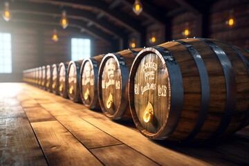 Beer barrels in a row. Generative AI