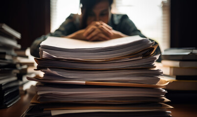 Financial big paper working. Business office stack of documents. Generative AI.