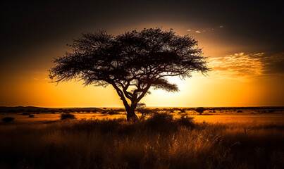 Fototapeta na wymiar Savannah shadow of tree. African landscapes sunset. Generative AI.