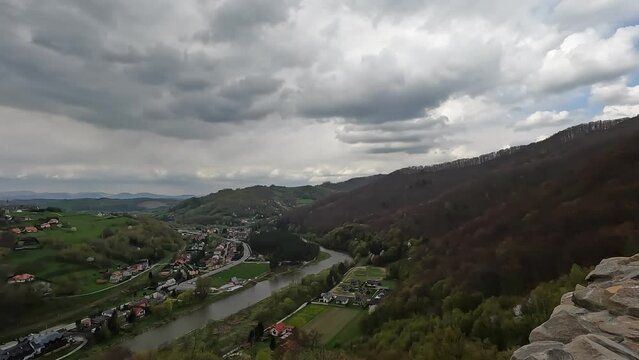 A stunning aerial view of the green mountains and forest of Rytro, a picturesque village in southern Poland. 