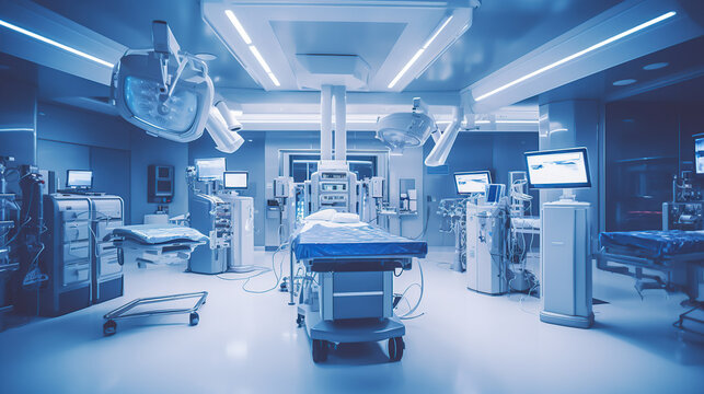 hospital empty operation room with surgery bed and surgery light Generative AI