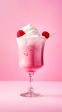 Glass of raspberry milk cocktail with whipped cream on pastel pink background. Generative AI.