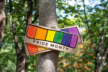 Signpost which has rainbow drawing with texts 'Pride Month' sticked on tree trunk in public park to celebrate and to greet LGBT people events in pride month and to respect gender diversity.