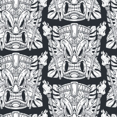 Tiki masks monochrome seamless pattern
