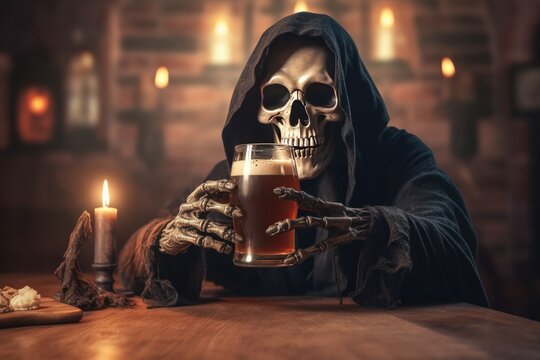 Grim Reaper Drinking a Glass of Beer in a Bar. Generative AI