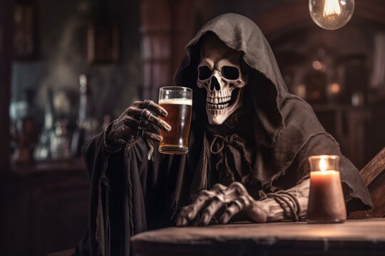 Grim Reaper Drinking a Glass of Beer in a Bar. Generative AI