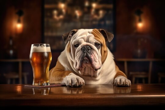 BullDog Drinking a Glass of Beer in a Bar. Generative AI