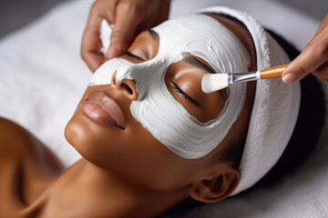 Cosmetician applying facial mask on young woman face, Skincare in a beauty salon. Generative AI