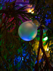 Close-up of a White Christmas Ornament on a Fir Tree, Illuminated by Colorful Fairy Lights