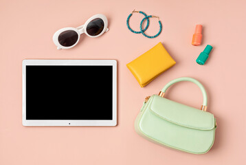 Flat lay with woman fashion accessories  and tablet mockup. Fashion blog, online store application, summer urban style, shopping and trends concept