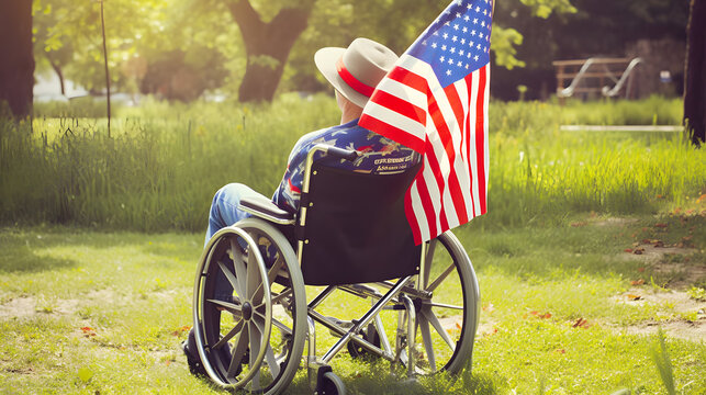 Handicapped with USA flag on park landscape background . Outdoor