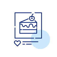Slice of cake with frosting and cherry on top. Baking hobby. Yummy desert post on social media. Pixel perfect, editable stroke icon